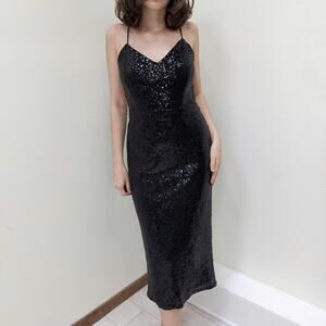 Soprano Black Sparkly Sequin V-neck Open back Spaghetti Strap Dress M